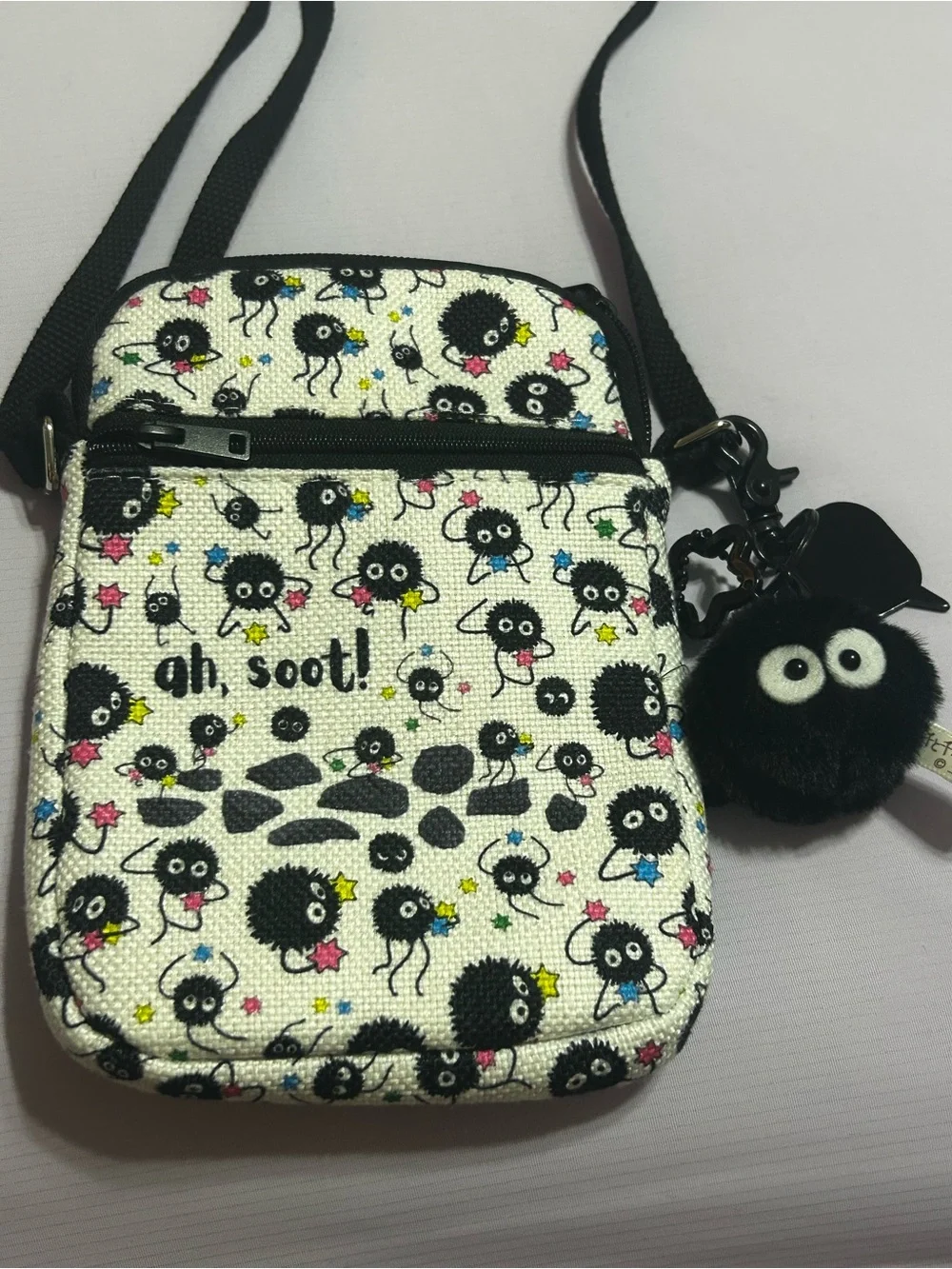 Ah, Soot! Kids Crossbody Bag with Fuzzy Pom Charm - Black/White